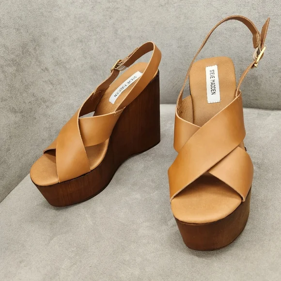 Steve Madden Platform Sandals 10 Brown Cognac Leather Galaxy Wedges New $100